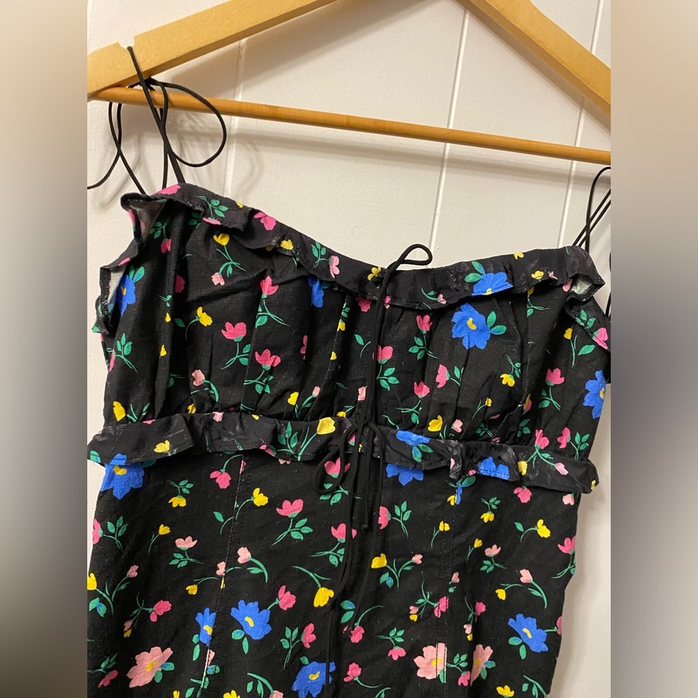 NWT For Love and Lemons Robin Mini Dress Floral Tie Straps Linen Black Frilly - Picture 14 of 16